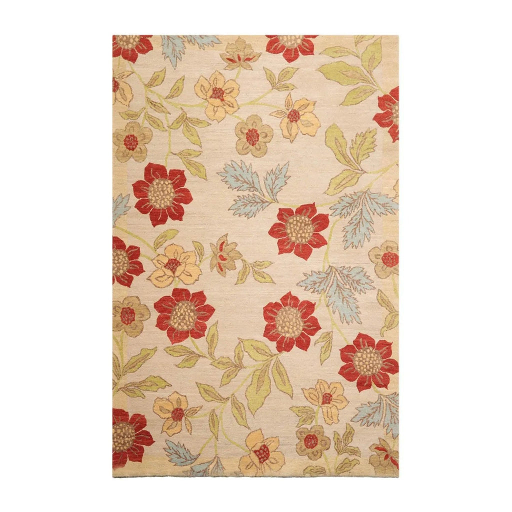 5'6''x8'6'' Hand Knotted Tibetan 100% Wool Transitional Oriental Area Rug Beige, Lime Color